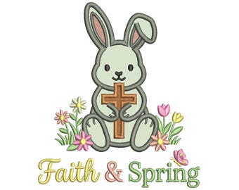 Faith and Spring Easter Bunny Holding a Cross Applique Machine Embroidery Design Digitized Pattern