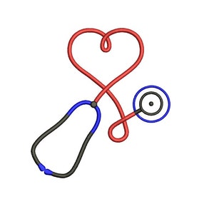 Può includere: Un stetoscopio a forma di cuore rosso con un tubo di stetoscopio nero e blu.