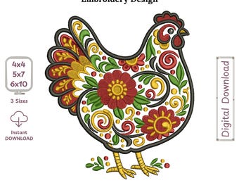 Ornate Hen With FLowers Embroidery Design – Chicken Filled Stitch Pattern