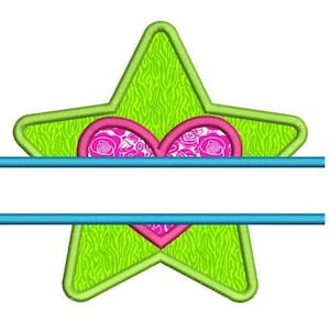 May include: A green star with a pink heart in the centre. The star has a zebra print pattern. There are two blue lines below the star.