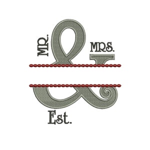 May include: A gray ampersand symbol with a red line above and below it. The text "Mr." is to the left of the ampersand and "Mrs." is to the right. The text "Est." is below the ampersand.