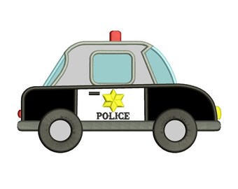 May include: A cartoon police car with a black and white paint scheme. The car has a yellow star on the side and the word "POLICE" written in black letters.