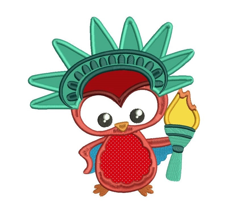 Cute Little Owl Wearing Statue of Liberty Costume Applique Machine Embroidery Digitized Design Patte