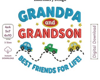 Grandpa and Grandson – Best Friends for Life: Cars and Stars Filled Machine Embroidery Design. Instant Download Pattern