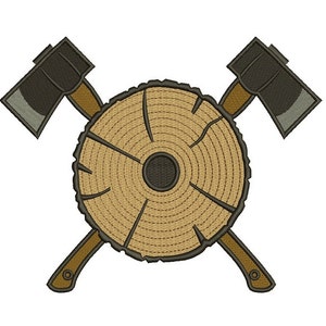 May include: A brown wooden log cross-section with two crossed axes, one on each side. The axes are dark grey with brown handles.