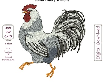 Rooster Embroidery Design, Farmhouse Chicken Filled Stitch, Rustic Country Machine Embroidery File, Farm Animal Design