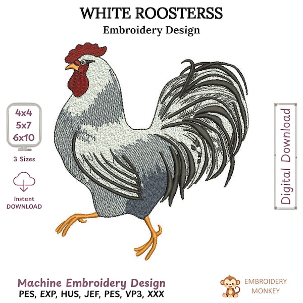 Rooster Embroidery Design, Farmhouse Chicken Filled Stitch, Rustic Country Machine Embroidery File, Farm Animal Design