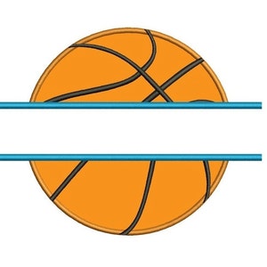 Può includere: Un design di monogramma diviso in due parti, con una palla da basket di colore arancione e nero. La palla da basket è divisa in due orizzontalmente da due linee blu.