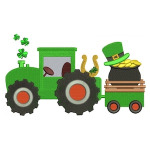 May include: A green tractor pulling a wagon with a pot of gold, a leprechaun hat, and a horseshoe. The tractor has black wheels with orange centers. The wagon has two small wheels and a wooden railing.