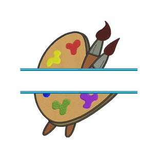 Könnte beinhalten: Ein geteiltes Monogramm-Design mit einer braunen Farbpalette mit bunten Farbflecken und zwei braunen Pinseln. Das Design ist perfekt, um Ihren Bastelarbeiten eine persönliche Note zu verleihen.