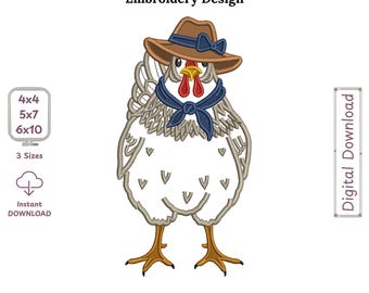 Chicken Wearing Large Hat Appliqué Machine Embroidery Design – Cute Farmhouse Chicken Pattern INstand Download pattern