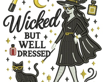Wicked But Well Dressed Witch Halloween Filled Machine Embroidery Design Digitized Pattern
