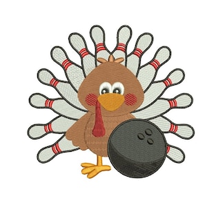 May include: A brown turkey with a red wattle and a bowling ball in its right foot. The turkey has a white and gray tail made of bowling pins.
