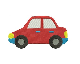 May include: A red cartoon car with yellow headlights, blue trim, and black wheels.