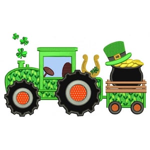 May include: A green tractor with a pot of gold and a leprechaun hat on a wagon behind it. The tractor has a horseshoe and shamrock on the back. The wagon has green shamrock designs on the sides.
