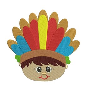 Può includere: Design ricamato di un volto di cartone animato con un cappello marrone e piume colorate. Il volto ha un'espressione sorridente, con grandi occhi e una piccola bocca rossa. Le piume sono nelle tonalità del marrone, rosso, giallo e blu.