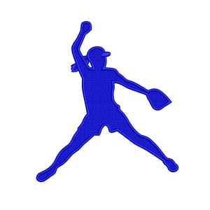 Può includere: Una silhouette blu di un giocatore di softball in posizione di lancio. Il giocatore indossa un berretto e ha un guanto nella mano destra.