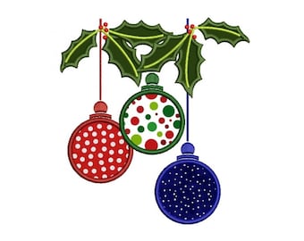 May include: Three Christmas ornaments hanging from a sprig of holly. The ornaments are red with white polka dots, green with red and green polka dots, and blue with white stars.