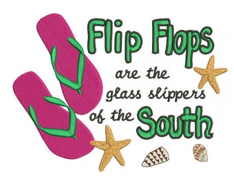 May include: Flip flops are the glass slippers of the South. The design features a pair of pink flip flops with green straps, two starfish, and two seashells.