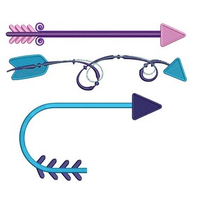 May include: Three embroidered arrow designs. The top arrow is purple with a pink arrowhead. The middle arrow is blue with a blue arrowhead and a purple swirl design. The bottom arrow is blue with a purple arrowhead and a curved design.