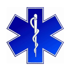 Può includere: Una stella blu a sei punte con un contorno bianco e un simbolo di caduceo bianco al centro.