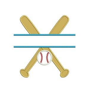 May include: A split monogram design featuring two crossed baseball bats with a baseball in the center. The bats are gold and the baseball is white with red stitching. A blue line separates the two spaces for the monogram.