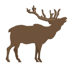 May include: A brown silhouette of an elk with large antlers, facing right, against a white background.
