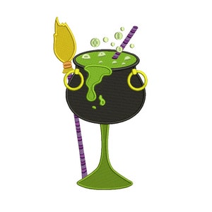 May include: A black cauldron with green liquid and a yellow and purple striped straw. The cauldron has gold handles and is sitting on a green base. A yellow broom with a flame is sticking out of the side of the cauldron.