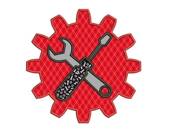 Gear Applique with wrench and a screwdriver mechanic handyman Machine Embroidery Digitized Design Pattern- Instant Download - 4x4 ,5x7,6x10
