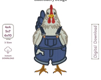 Rooster Farmer Embroidery Design Filled, Chicken Farm Design, Country Rooster Overalls Pattern, Farmhouse Machine Embroidery File