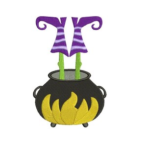 May include: An embroidered Halloween design featuring a black cauldron with yellow flames at the base. Two green legs and purple striped witch stockings and shoes are sticking out of the cauldron. The design is on a white background.