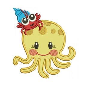 Cute Octopus With Little Crab Applique Machine Embroidery Design Digitized Pattern