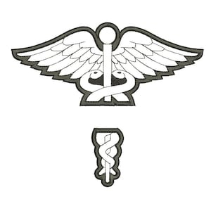 May include: A white medical symbol with wings and a snake wrapped around a staff. The symbol is outlined in dark gray.