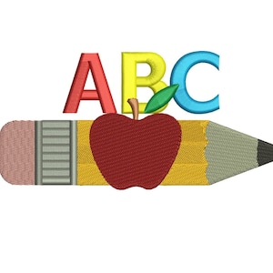 Pencil with letters and apple School Machine Embroidery Digitized Design filled Pattern -Instant Download- 4x4,5x7,6x10