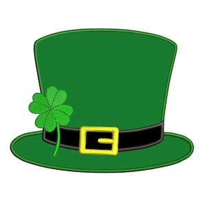 May include: A green leprechaun hat with a black band and a gold buckle. A green four-leaf clover is attached to the side of the hat.