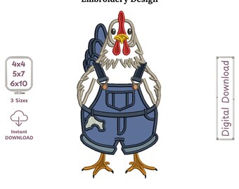Rooster Farmer Embroidery Design, Country Chicken Applique, Farm Life Overalls, Machine Embroidery Pattern, Rustic Farm Design