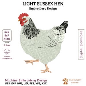 Diseño de bordado de gallina Sussex clara, archivo de bordado de gallina, patrón de gallina de granja, diseño de aves de corral con puntada rellena, descarga instantánea