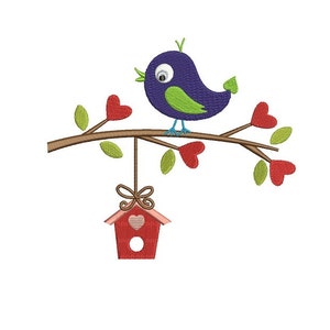 May include: A blue bird with green accents sits on a branch with red hearts. A red birdhouse with a pink heart hangs from the branch.
