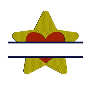 Può includere: Una stella gialla con un cuore rosso al centro, divisa a metà da una linea blu. La linea è vuota per la personalizzazione.