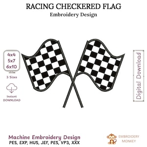 May include: A digital embroidery design featuring two crossed racing checkered flags. The flags are black and white, with a classic checkered pattern. The design is labeled "Racing Checkered Flag Embroidery Design."
