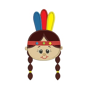 Può includere: Un'illustrazione di cartone animato di una ragazza nativa americana con i capelli castani in trecce, che indossa una fascia rossa con accenti colorati e un copricapo con piume blu, rosse e gialle.
