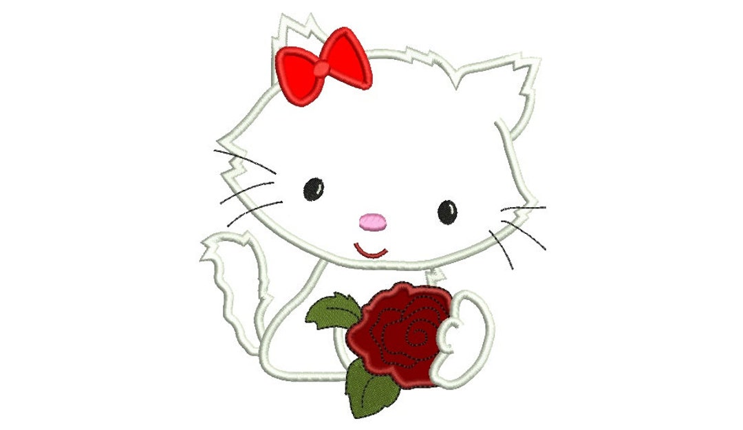 Cute Kitten With a Rose Applique Machine Embroidery Digitized Design ...
