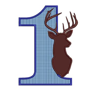 May include: Blue and white plaid number one with a brown deer head silhouette. The deer has large antlers.