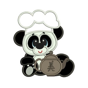 Panda with Tea Kettle Applique Machine Embroidery Digitized Design Pattern - Instant Download- 4x4 , 5x7, 6x10