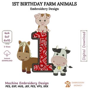 Ricamo per il primo compleanno con animali della fattoria, motivo per applicazione per il primo compleanno, design per maglietta di compleanno a tema fattoria, tema fattoria per bambini PES DST