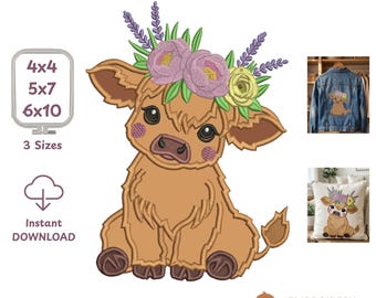 Baby Cow with Flowers Applique Machine Embroidery Design Digitized Pattern