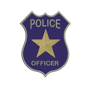 May include: A blue and silver police officer badge with a gold star in the center. The badge has the word "POLICE" at the top and "OFFICER" at the bottom.