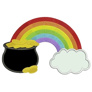 May include: A rainbow with a pot of gold at the end. The rainbow has red, orange, yellow, green, blue, indigo, and violet stripes. The pot of gold is black with a white cloud above it.