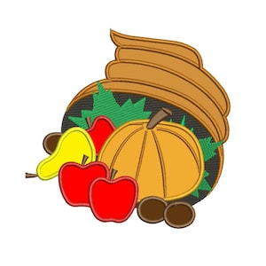 May include: A brown cornucopia filled with fall harvest items, including a yellow pear, red apples, and an orange pumpkin. The cornucopia is surrounded by green leaves and brown acorns.