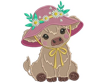 Baby Cow Girl Wearing a Big Hat Filled Machine Embroidery Design Digitized Pattern